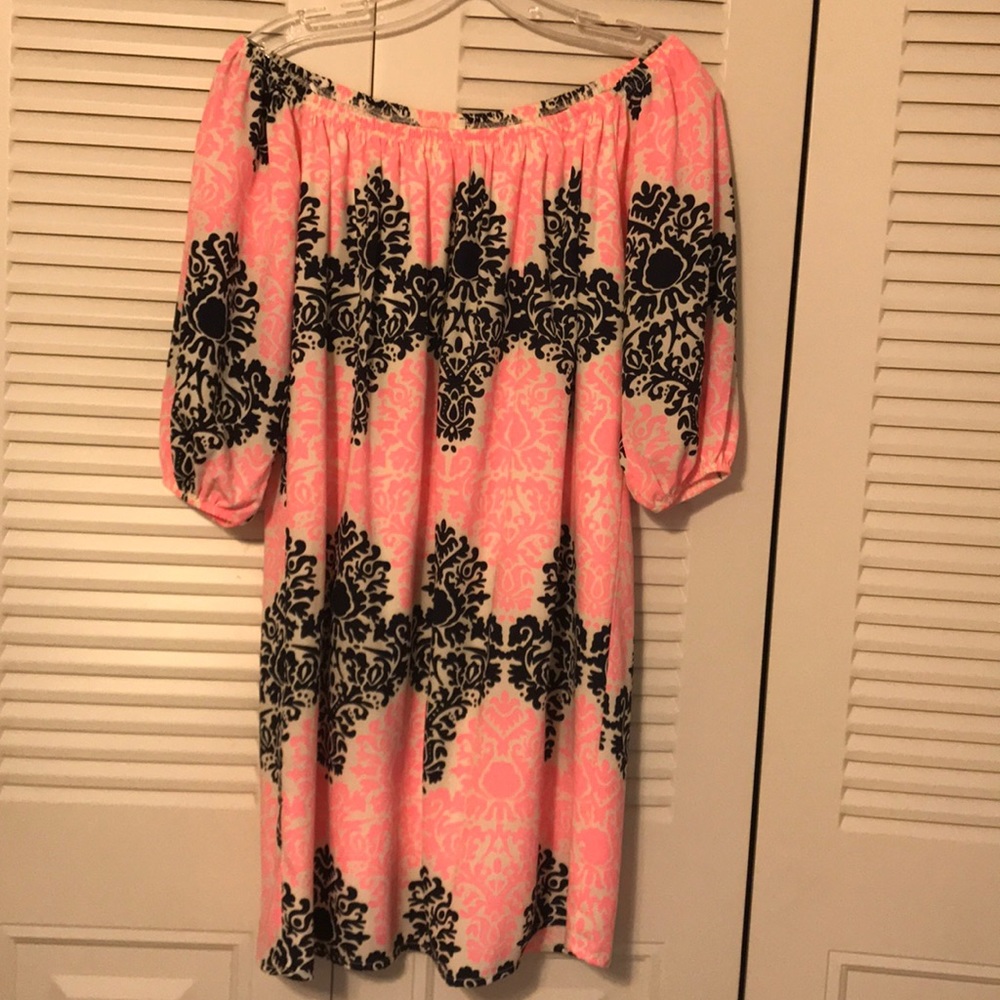 Pink and Navy Off the Shoulder Dress